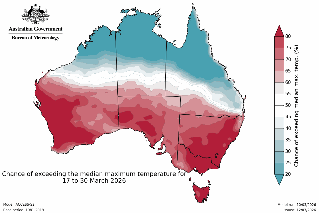 Maximum temperature – chance of above median - Second fortnight