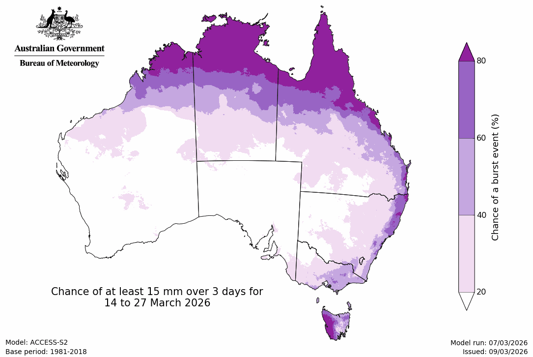 Rainfall – chance of 3-day 15mm - Second fortnight