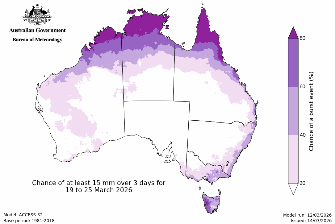 Rainfall – chance of 3-day 15mm - Second week