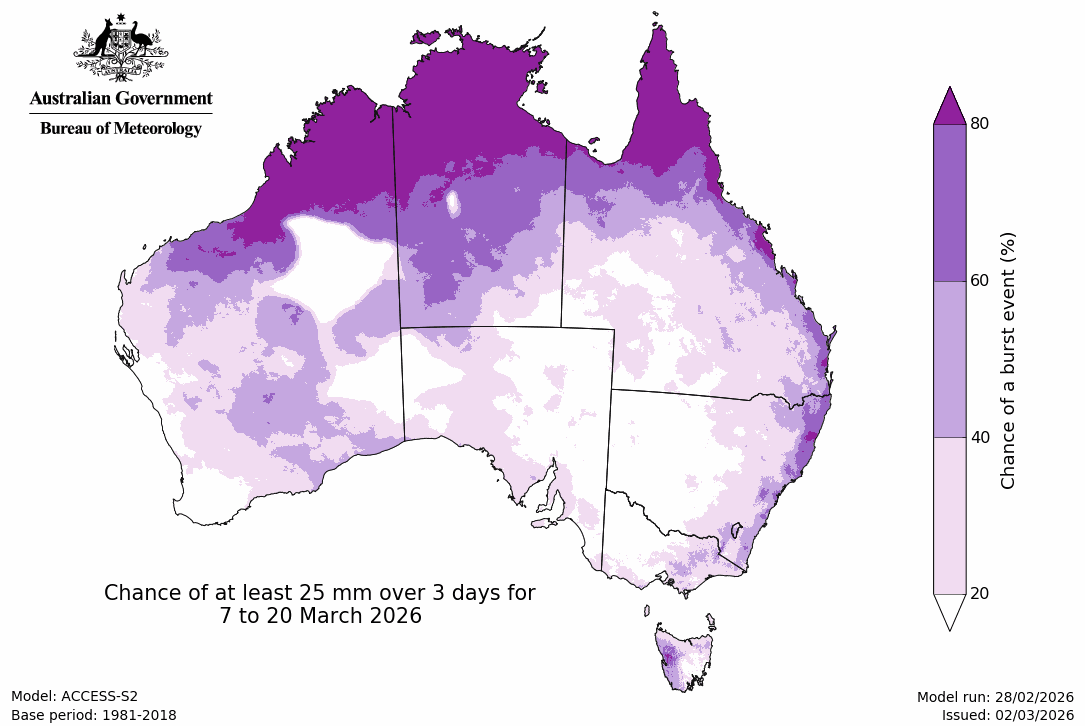 Rainfall – chance of 3-day 25mm - Second fortnight