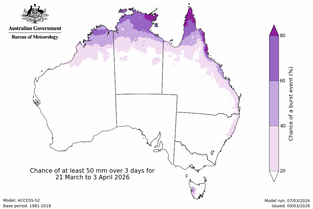 Rainfall – chance of 3-day 50mm - Third fortnight